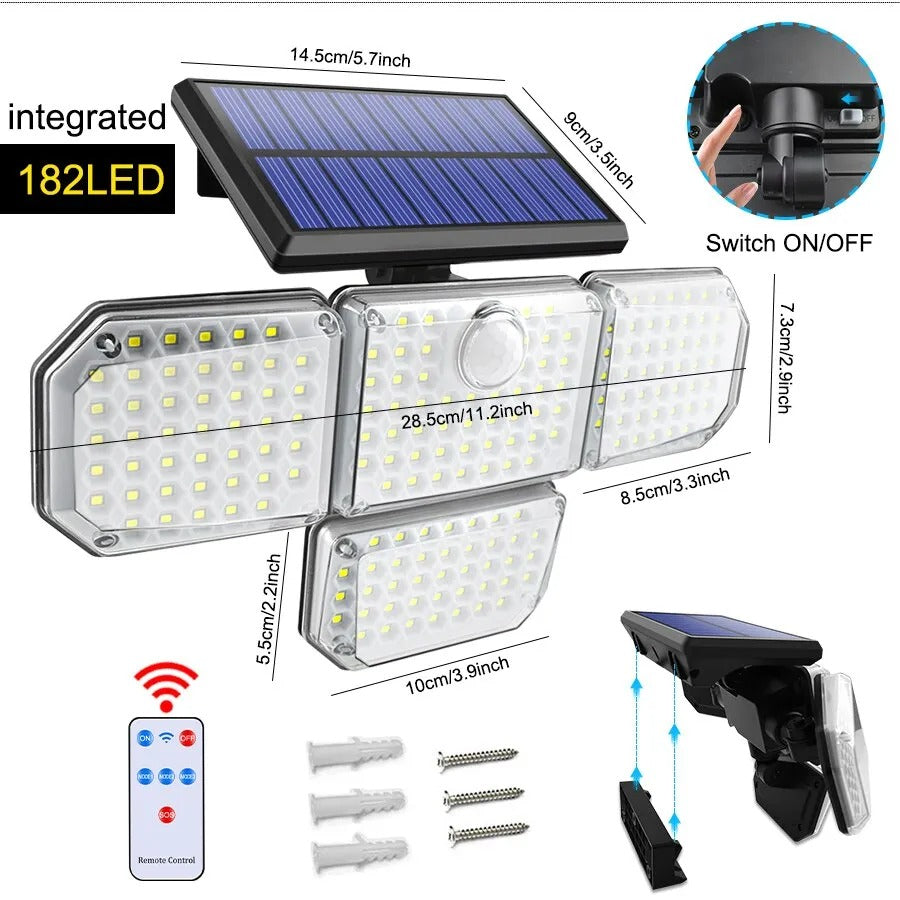 Solar Outdoor Light 182/112 LED Solar Security Flood Lighting with 3 Modes Adjustable Lighting Head for Garage Garden Yard