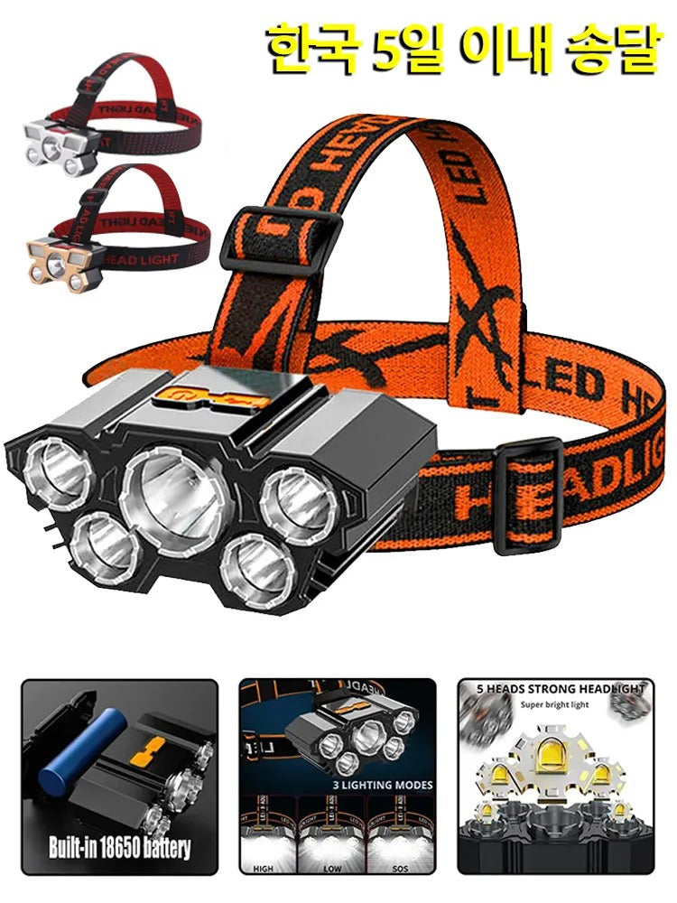 5 LED Headlamp Rechargeable with Built in 18650 Battery Strong Light Headlight