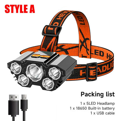 5 LED Headlamp Rechargeable with Built in 18650 Battery Strong Light Headlight