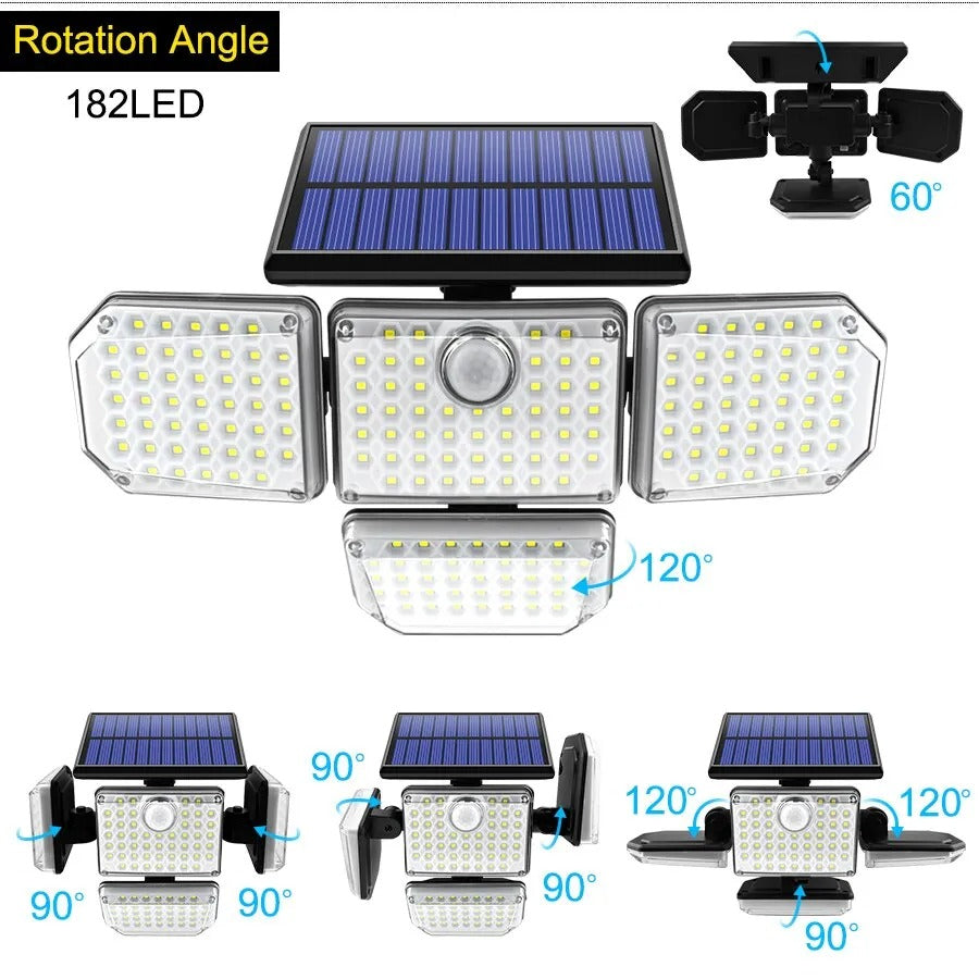 Solar Outdoor Light 182/112 LED Solar Security Flood Lighting with 3 Modes Adjustable Lighting Head for Garage Garden Yard