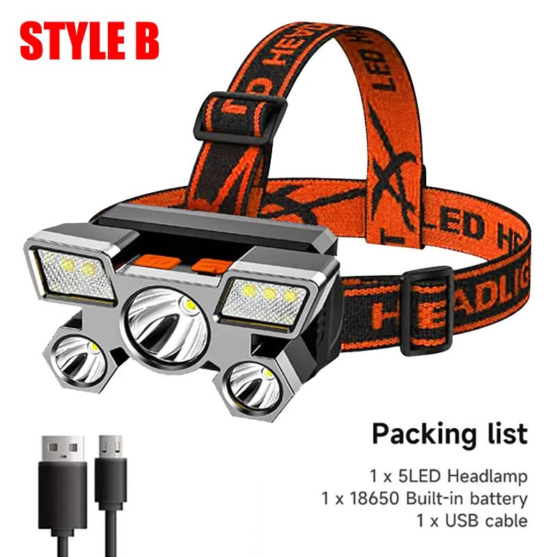 5 LED Headlamp Rechargeable with Built in 18650 Battery Strong Light Headlight