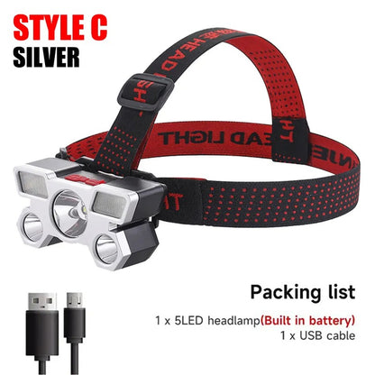 5 LED Headlamp Rechargeable with Built in 18650 Battery Strong Light Headlight