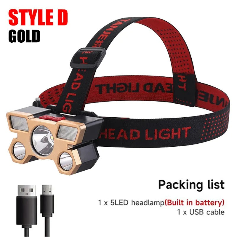 5 LED Headlamp Rechargeable with Built in 18650 Battery Strong Light Headlight