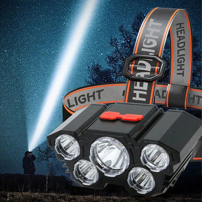 5 LED Headlamp Rechargeable with Built in 18650 Battery Strong Light Headlight