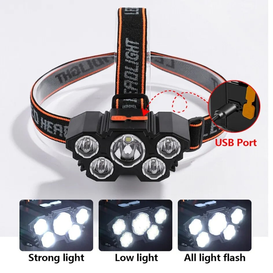 5 LED Headlamp Rechargeable with Built in 18650 Battery Strong Light Headlight